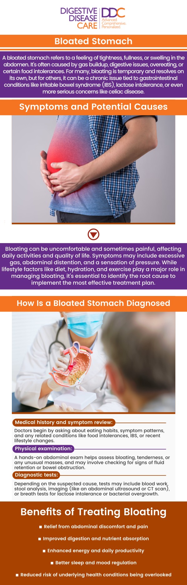 Bloating symptoms include stomach pain, discomfort, and gas. If it persists or occurs regularly, bloating may indicate a more serious condition. Bloated stomach specialists are available at Digestive Disease Care. For more information, please contact us or book an appointment online. We have convenient locations to serve you in Babylon NY, East Setauket NY, Forest Hills NY, Jericho NY, Lake Success NY, Melville NY, Mineola NY, Massapequa NY, New Hyde Park NY, and Riverhead NY.